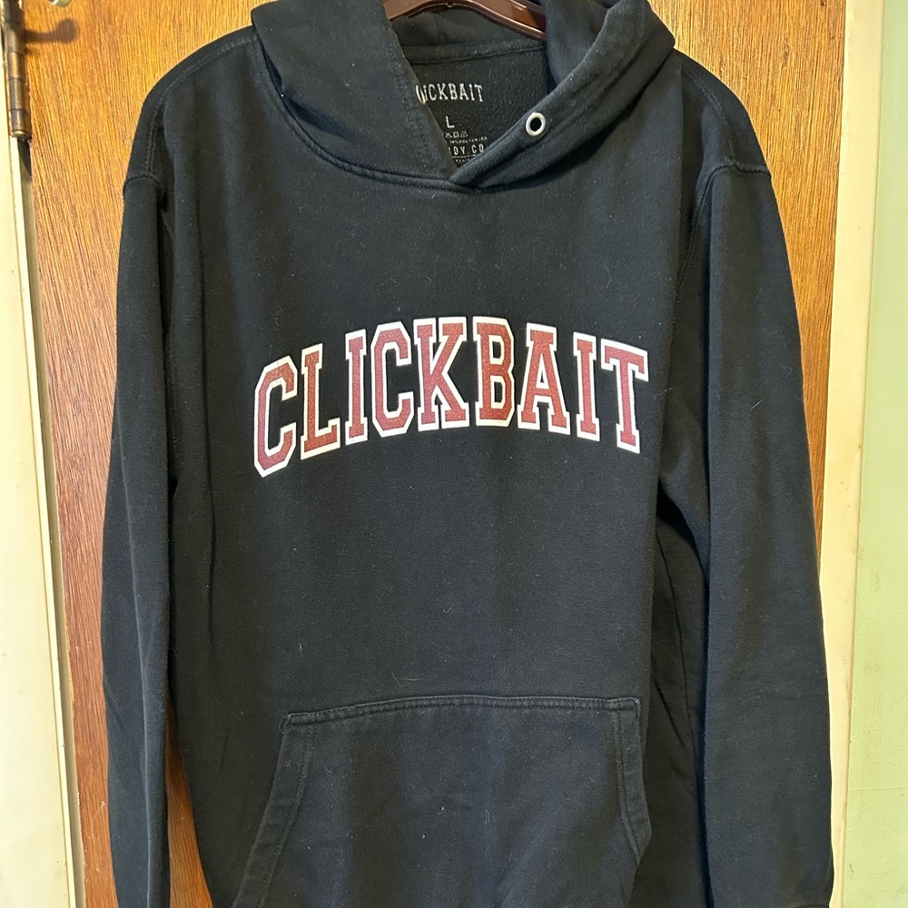 Clickbait Fanjoy Hoodie Large black red white spellout. Missing hood string